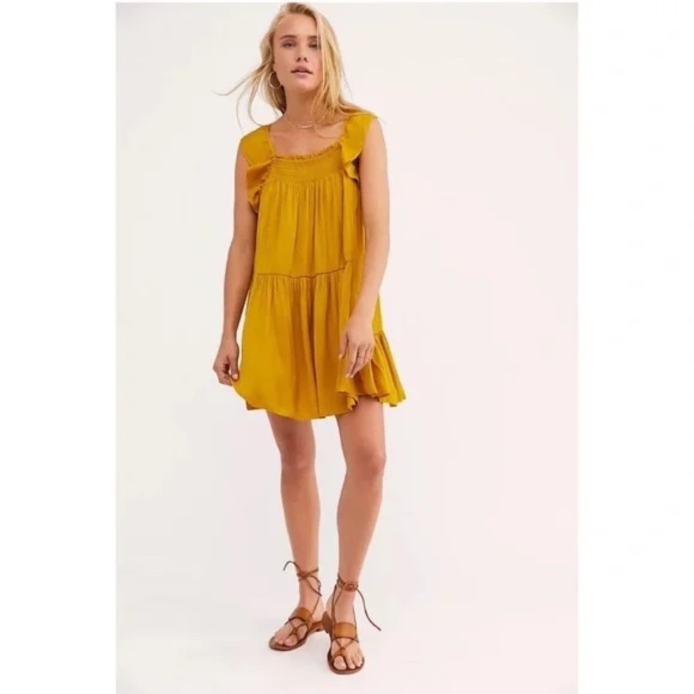 Free People Want Your Love Mustard Yellow Ruffle Smocked Satin Slip Dress Size L